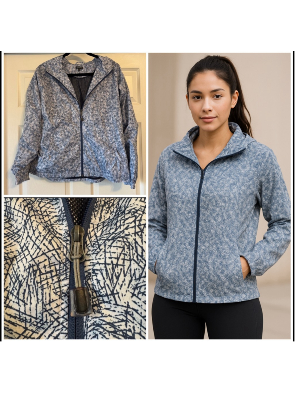 Hannah Windbreaker Jacket Size L Blue White Geometric Print Mesh Lined Packable